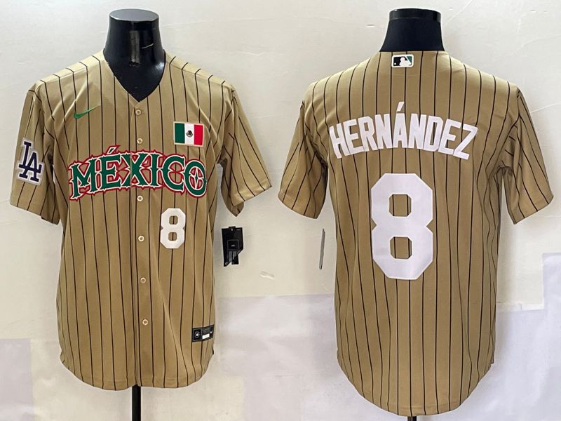 Men Los Angeles Dodgers #8 Hernandez Brown Stripe Mexico Joint Name 2025 Nike MLB Jersey style 8